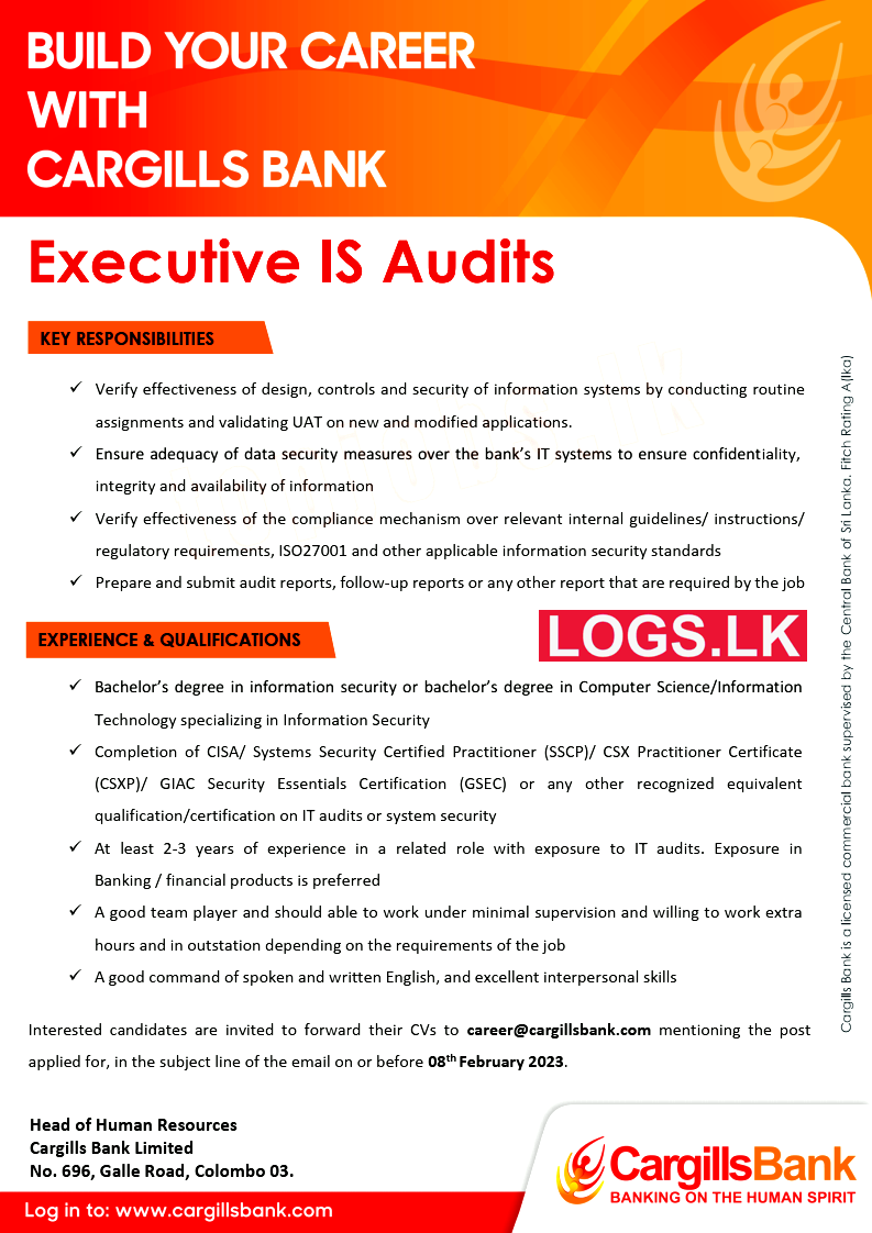 Executive IS Audits - Cargills Bank Vacancies 2023 Application Form, Details Download