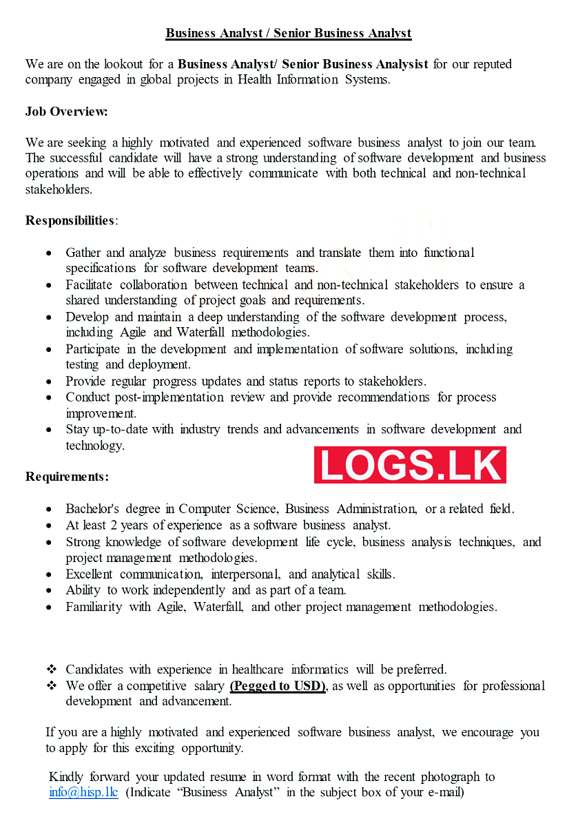 Business Analyst - HISP Sri Lanka Vacancies 2023 Application Form, Details Download
