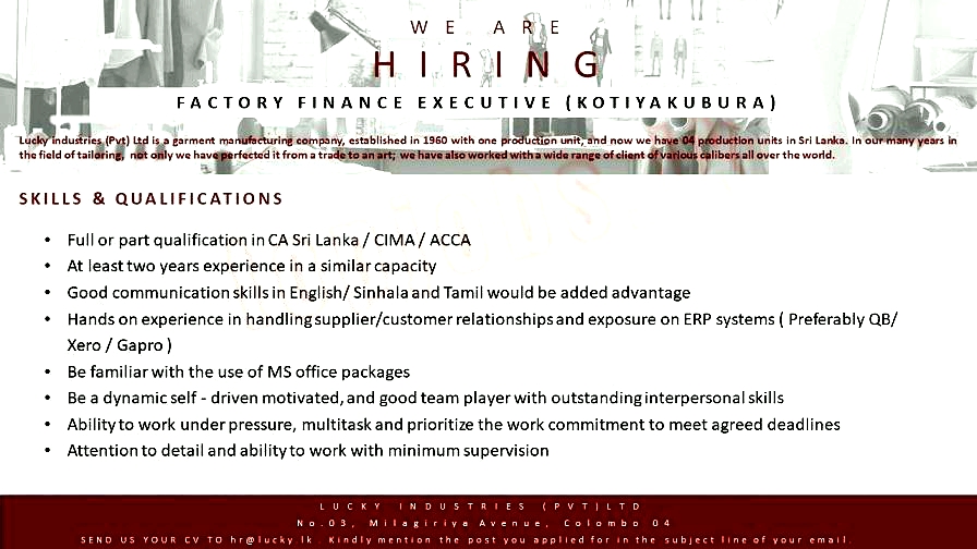 Factory Finance Executive Vacancy 2023 in Lucky Industries Job Vacancies