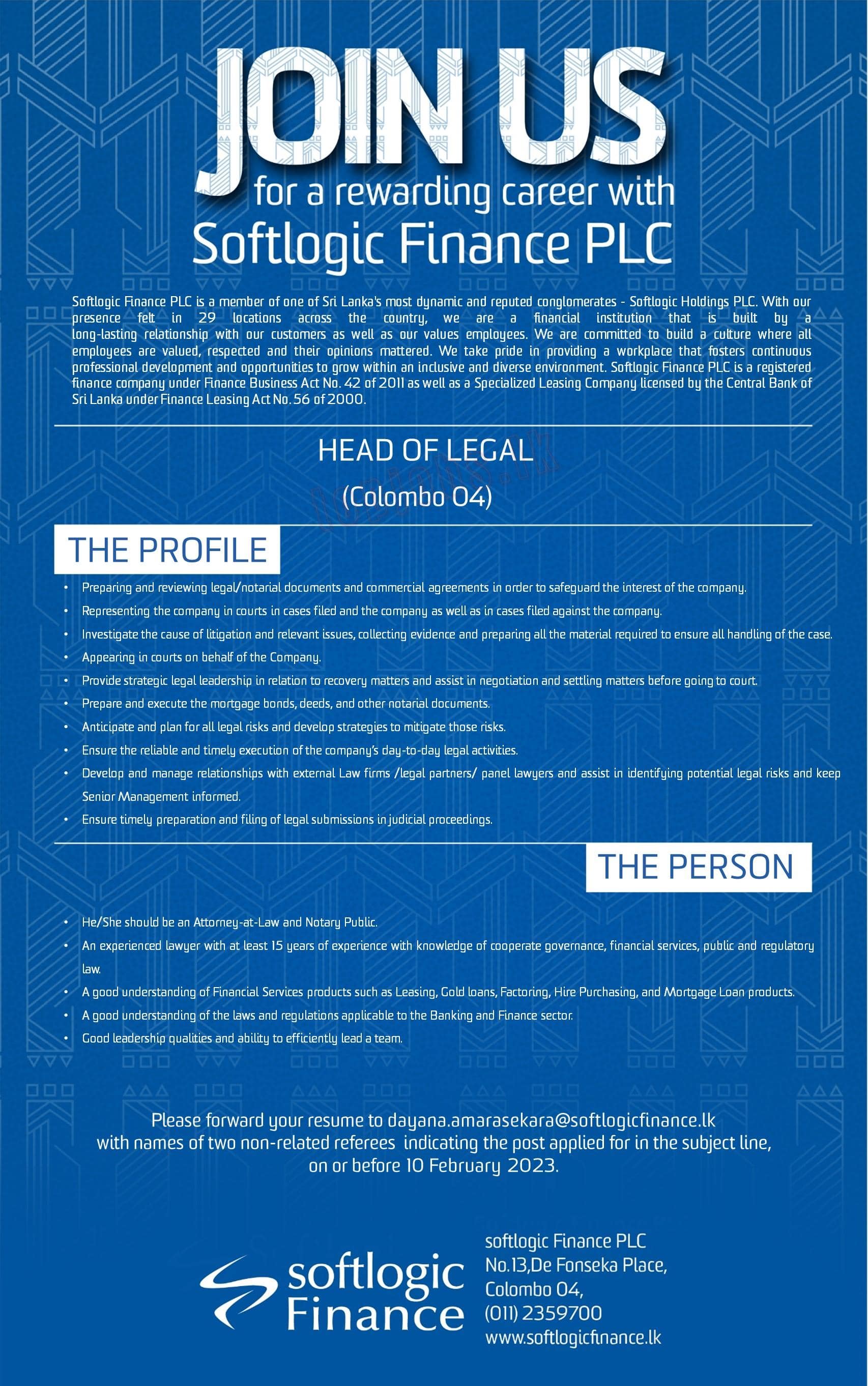 Head of Legal - Softlogic Holdings Vacancies 2023 Application Form, Details Download