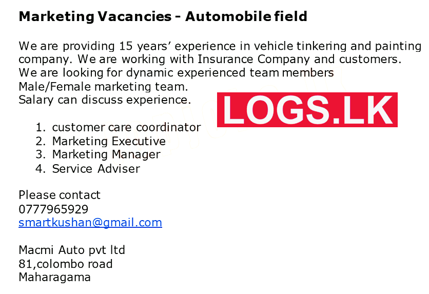 Macmi Auto Vacancies 2023 Sri Lanka Application Form, Details Download