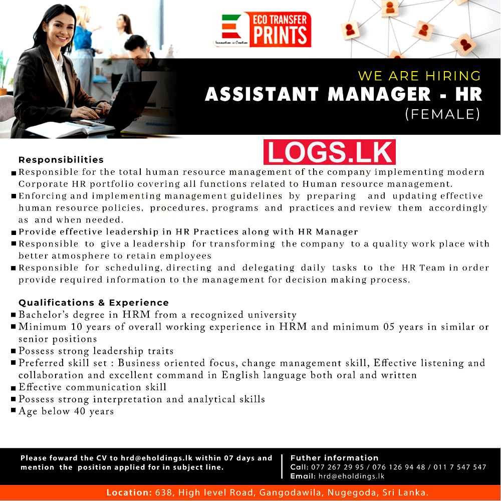 Assistant HR Manager (Female) Vacancy at Eco Transfer Prints Job Vacancies 2023