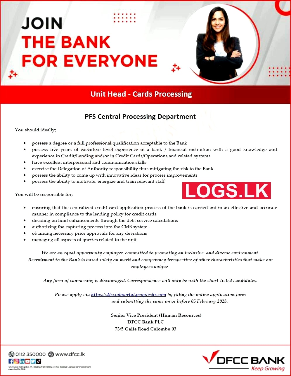 Unit Head - Cards Processing - DFCC Bank Vacancies 2023 Application Form, Details Download