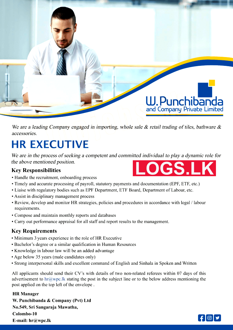 HR Executive Job Vacancy at W Punchibanda & Company (Pvt) Ltd