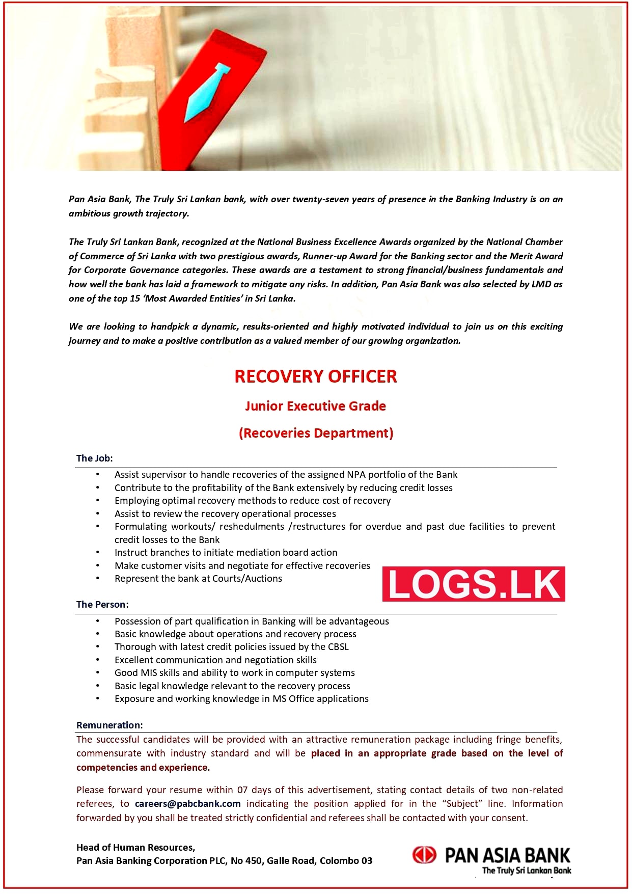 Recovery Officer - Pan Asia Bank Vacancies 2023 Application Form Download