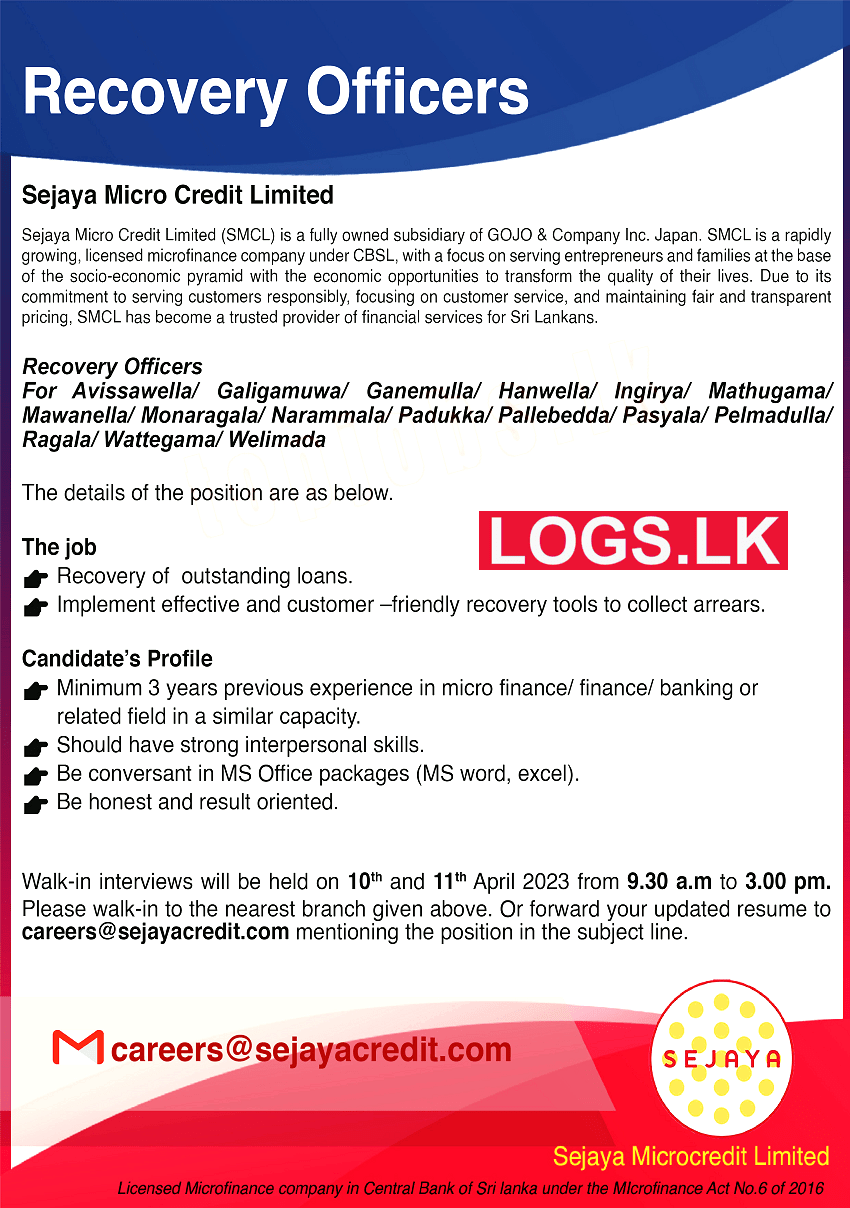 Recovery Officers Vacancies at Sejaya Micro Credit (Pvt) Ltd Job Vacancy in Sri Lanka