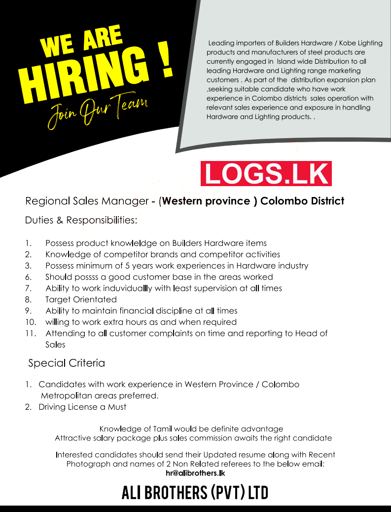 Regional Sales Manager Job Vacancy at Ali Brothers (Pvt) Ltd Job Vacancies in Sri Lanka