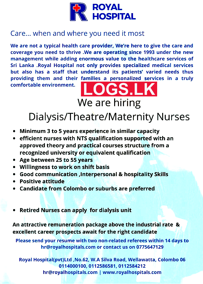 Dialysis / Theatre / Maternity Nurses Vacancies at Royal Hospital Job Vacancies in Sri Lanka