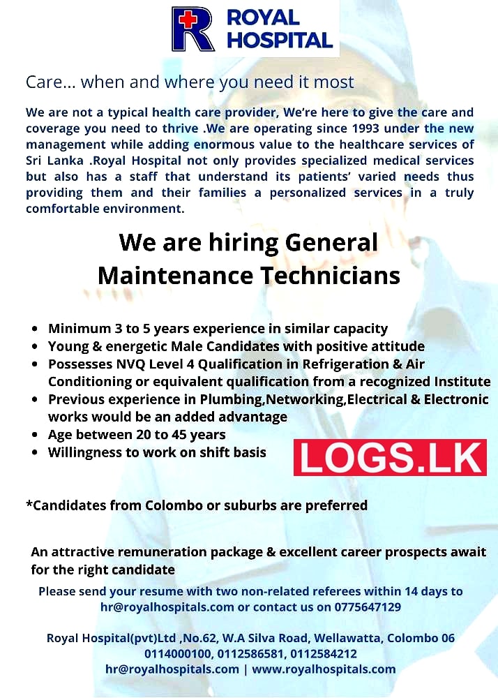 Maintenance Technician Job Vacancy at Royal Hospital Job Vacancies in Sri Lanka