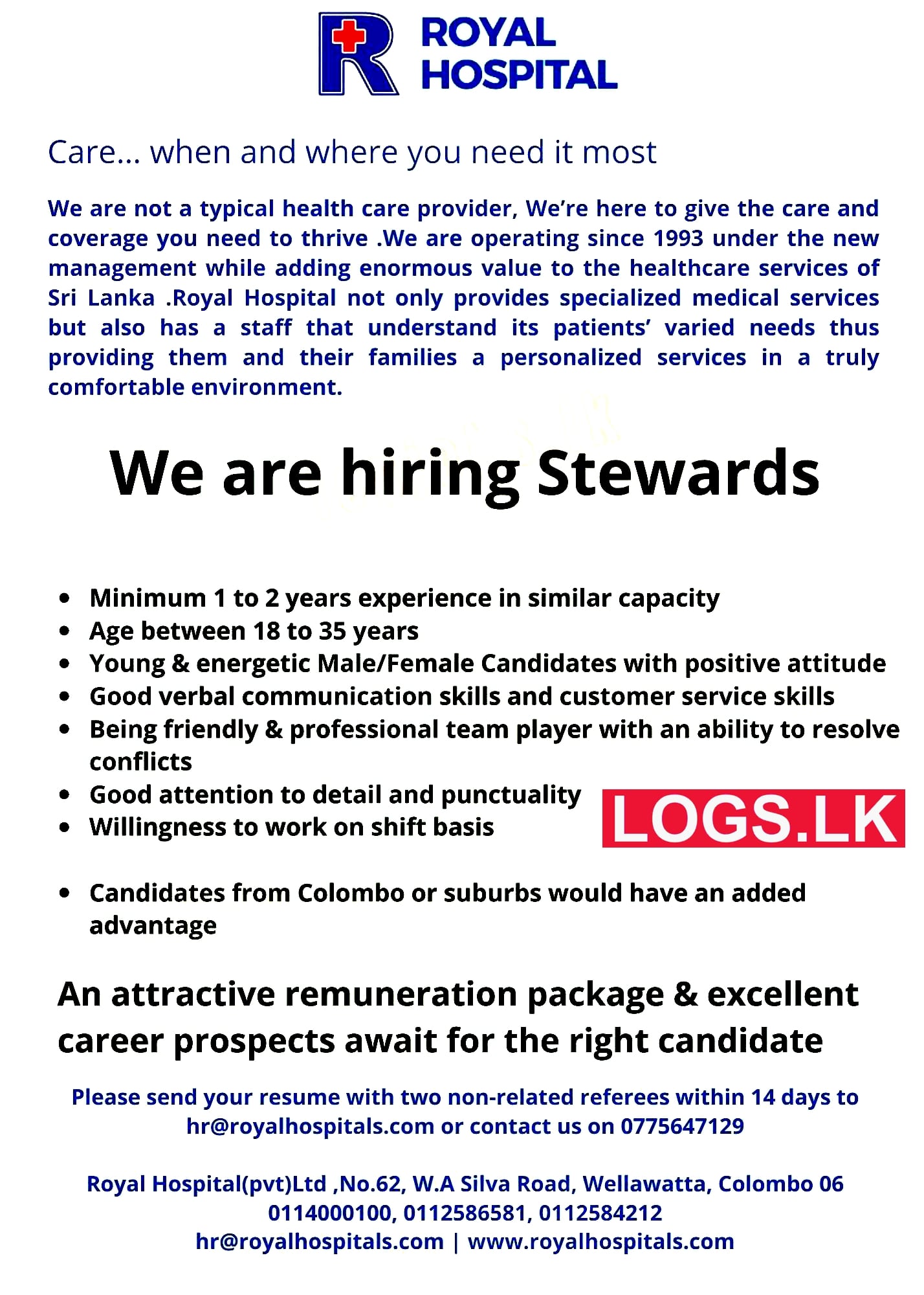 Stewards Job Vacancies at Royal Hospital Sri Lanka Job Vacancies in Sri Lanka