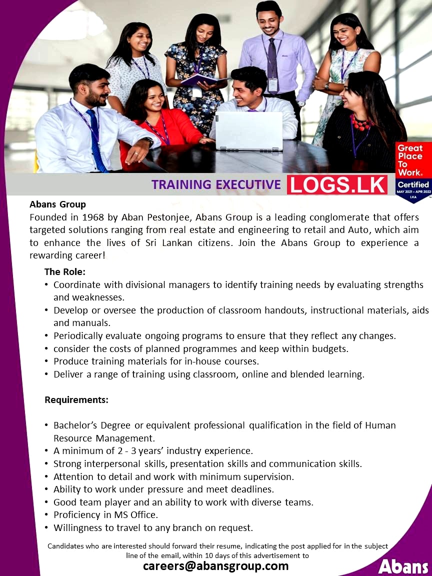 Training Executive Job Vacancy at Abans Group Company Job Vacancies