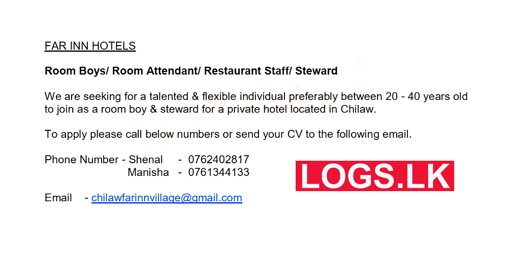 Room Boys/ Room Attendant / Restaurant Staff / Steward - Far Inn Hotels Jobs in Sri Lanka