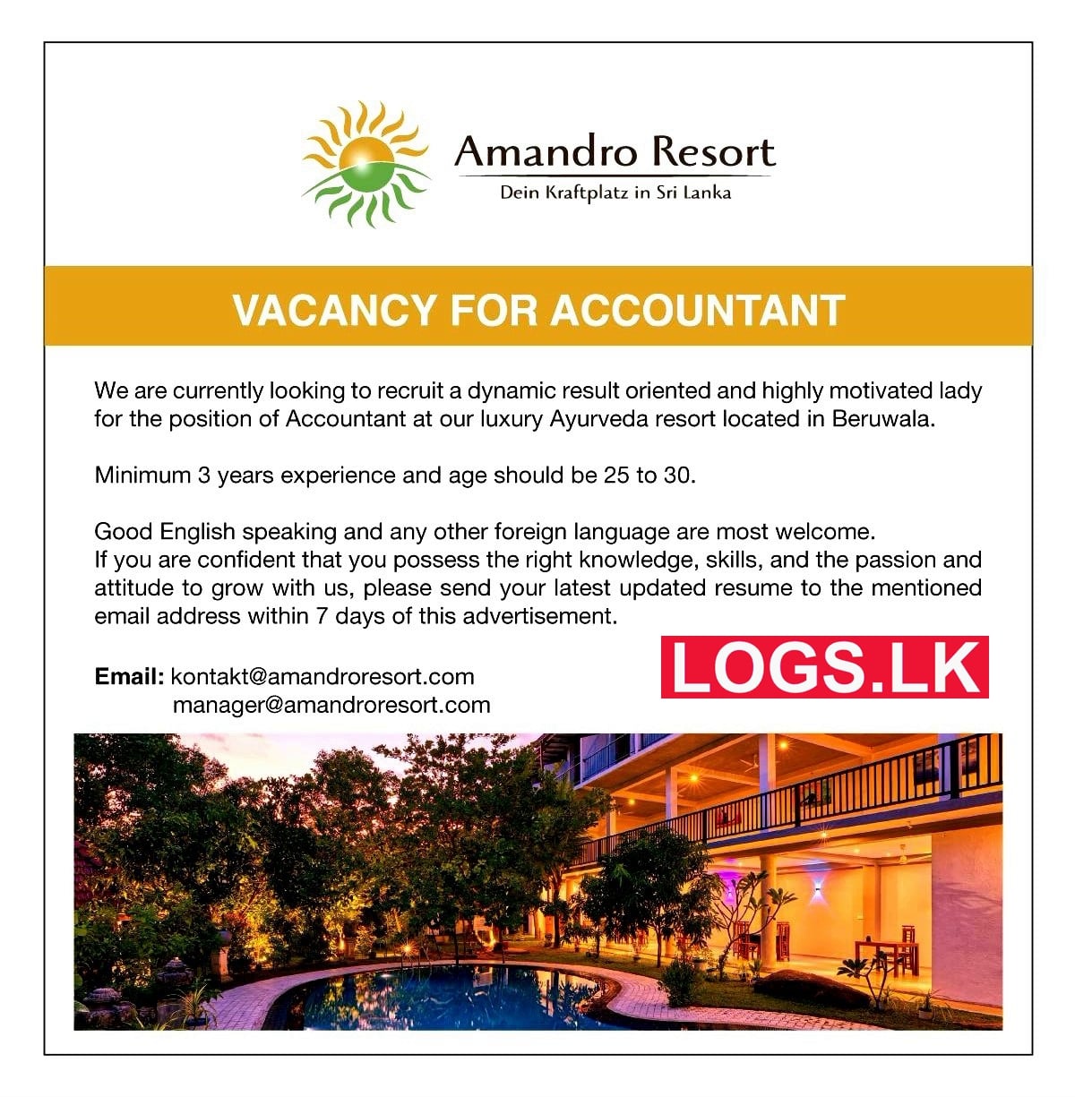 Accountant Job Vacancy at Amandro Resort Holdings (Pvt) Ltd Job Vacancies in Sri Lanka