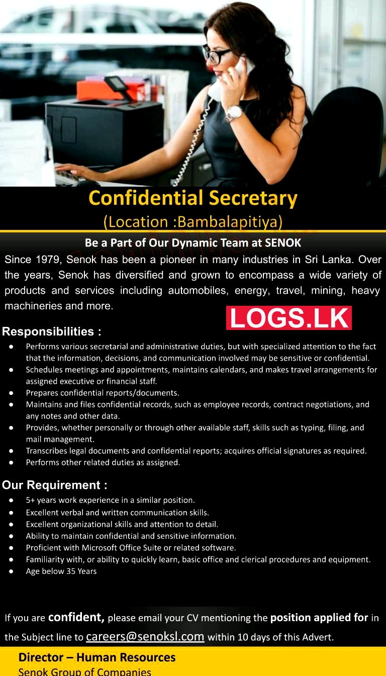 Confidential Secretary Vacancy at Senok Trade Combine (Pvt) Ltd Job Vacancies