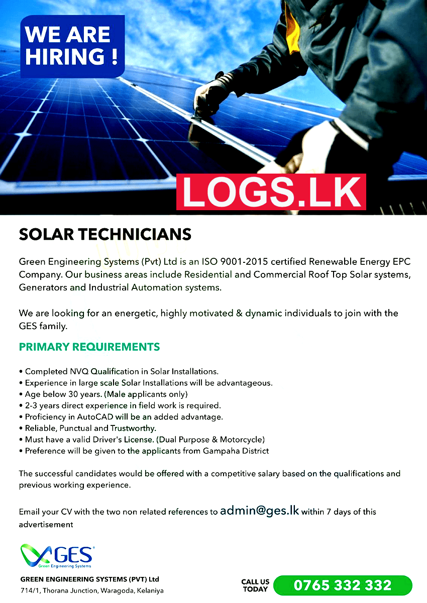 Solar Technicians Vacancies at Green Engineering Systems (Pvt) Ltd Job Vacancies in Sri Lanka