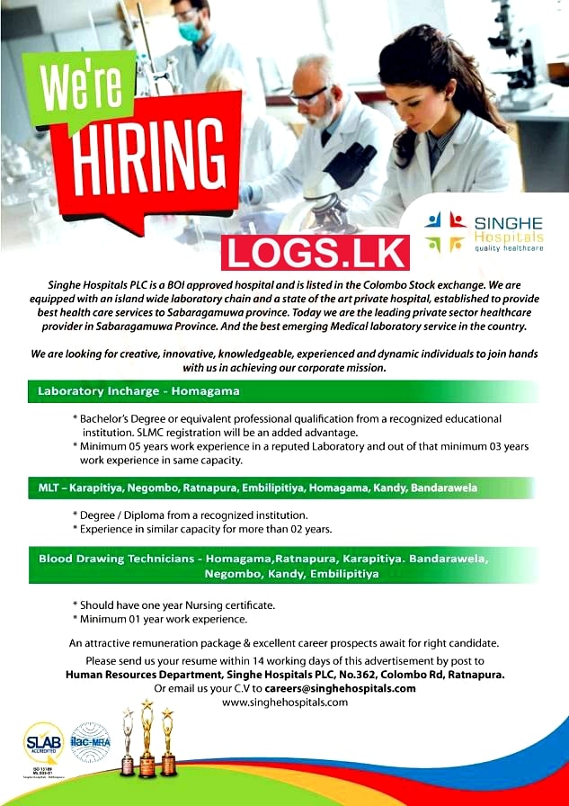 Laboratory In Charge / MLT / Blood Drawing Technicians Vacancy at Singhe Hospitals PLC Job Vcancies