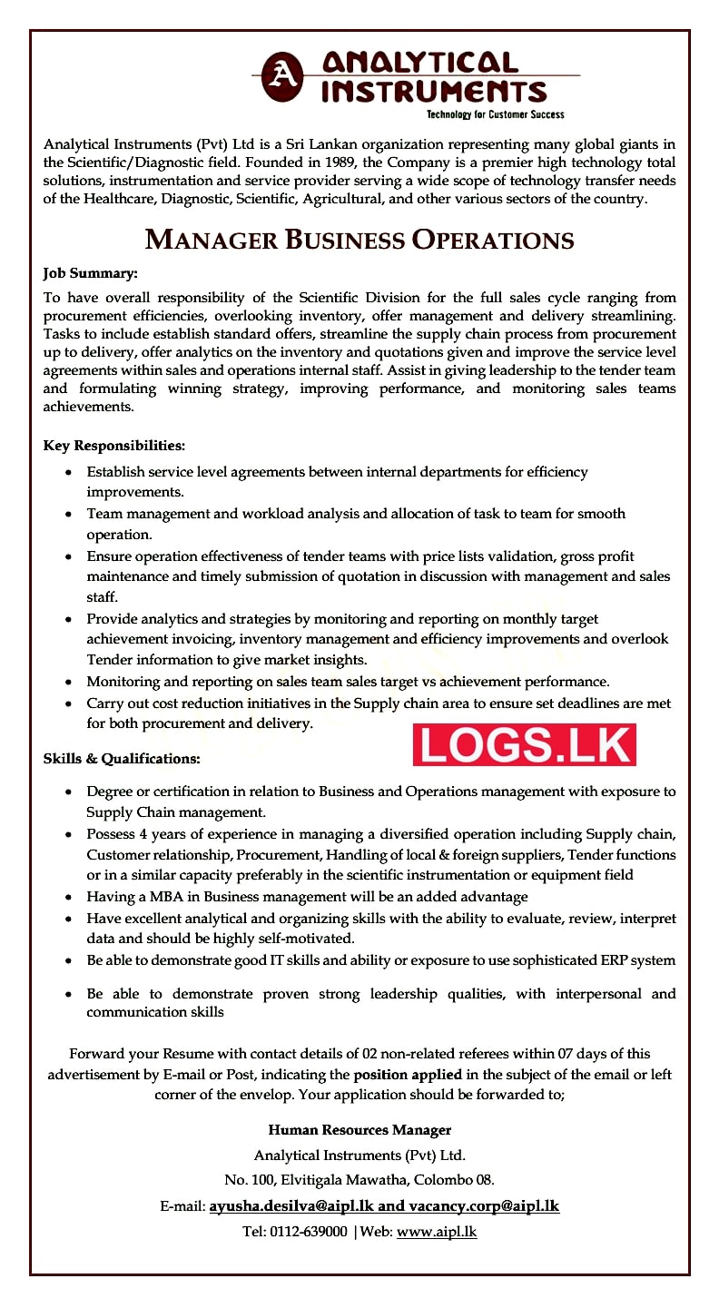 Manger of Business Operations Vacancy at Analytical Instruments Job Vacancies in Sri Lanka