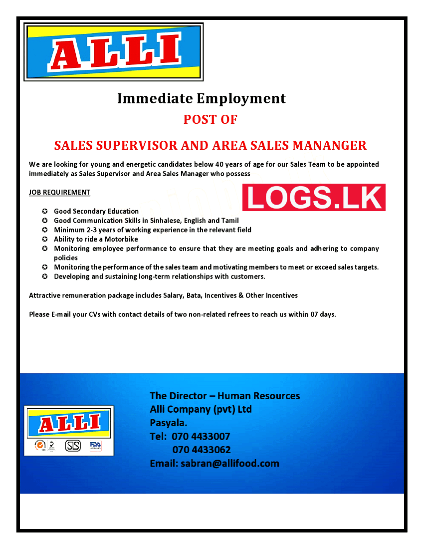 Area Sales Manager & Sales Supervisor Job Vacancy at Alli Company (Pvt) Ltd Job Vacancies