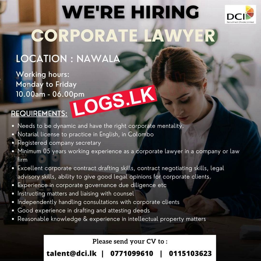 Corporate Lawyer Job Vacancy at DCI Recruitment (Pvt) Ltd Job Vacancies in Sri Lanka