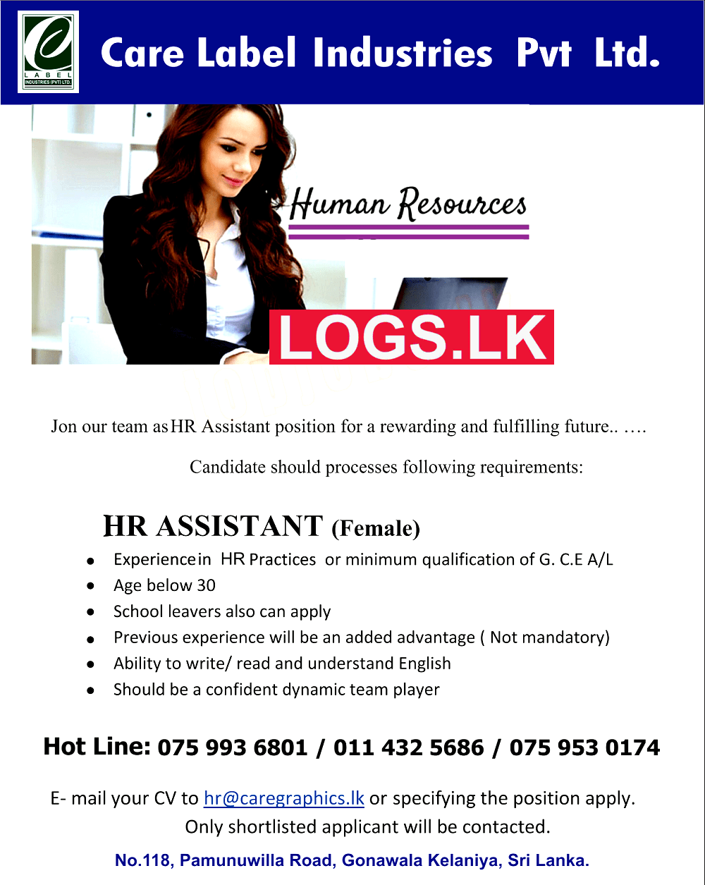 HR Assistant (Female) Vacancy at Care Label Industries (Pvt) Ltd Job Vacancies in Sri Lanka
