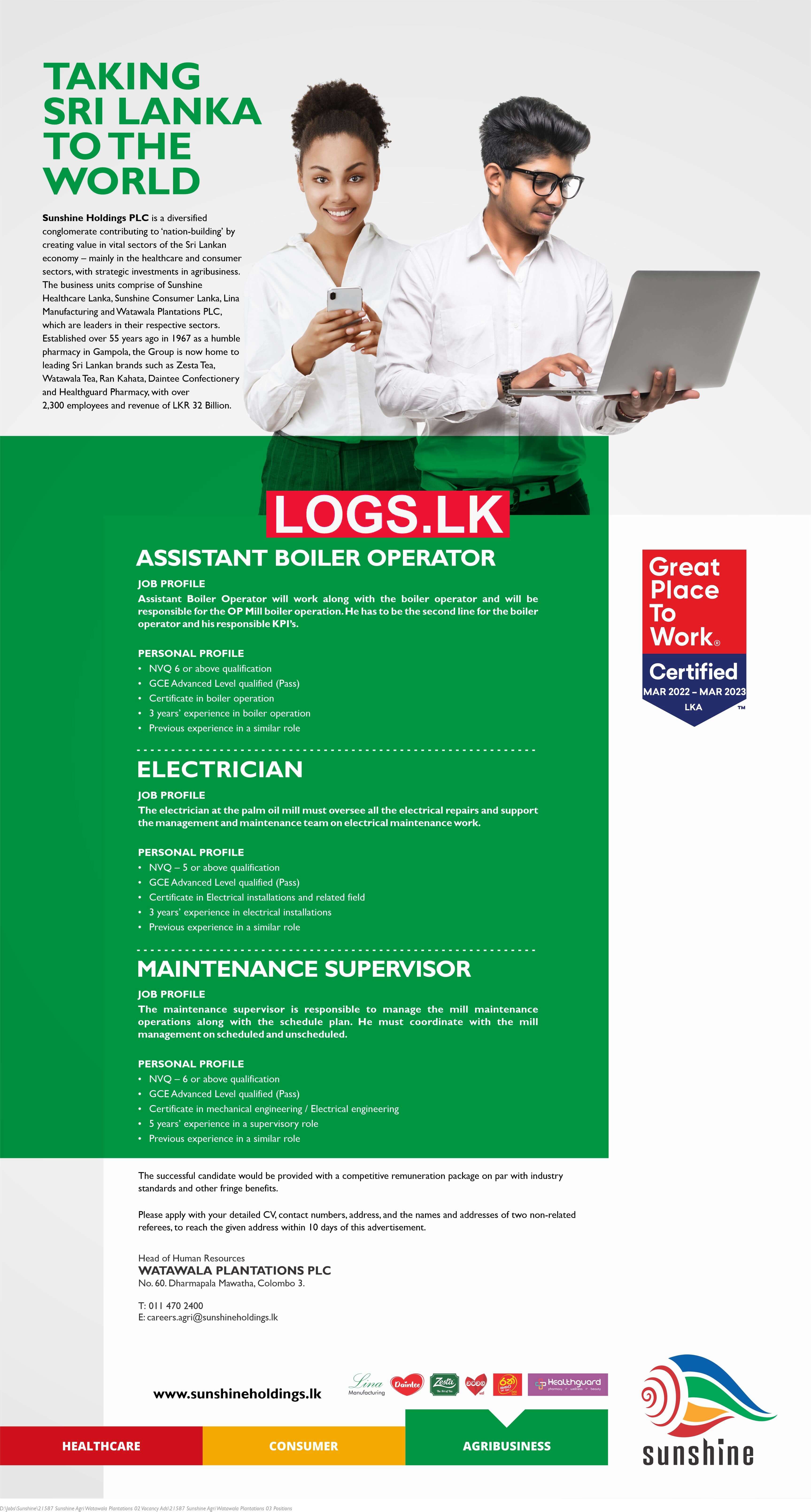 Assistant Boiler Operator / Electrician / Maintenance Supervisor Vacancies at Sunshine Holdings Job Vacancies