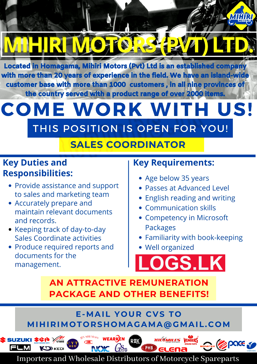 Sales Coordinator Job Vacancy at Mihiri Motors (Pvt) Ltd Job Vacancies in Sri Lanka