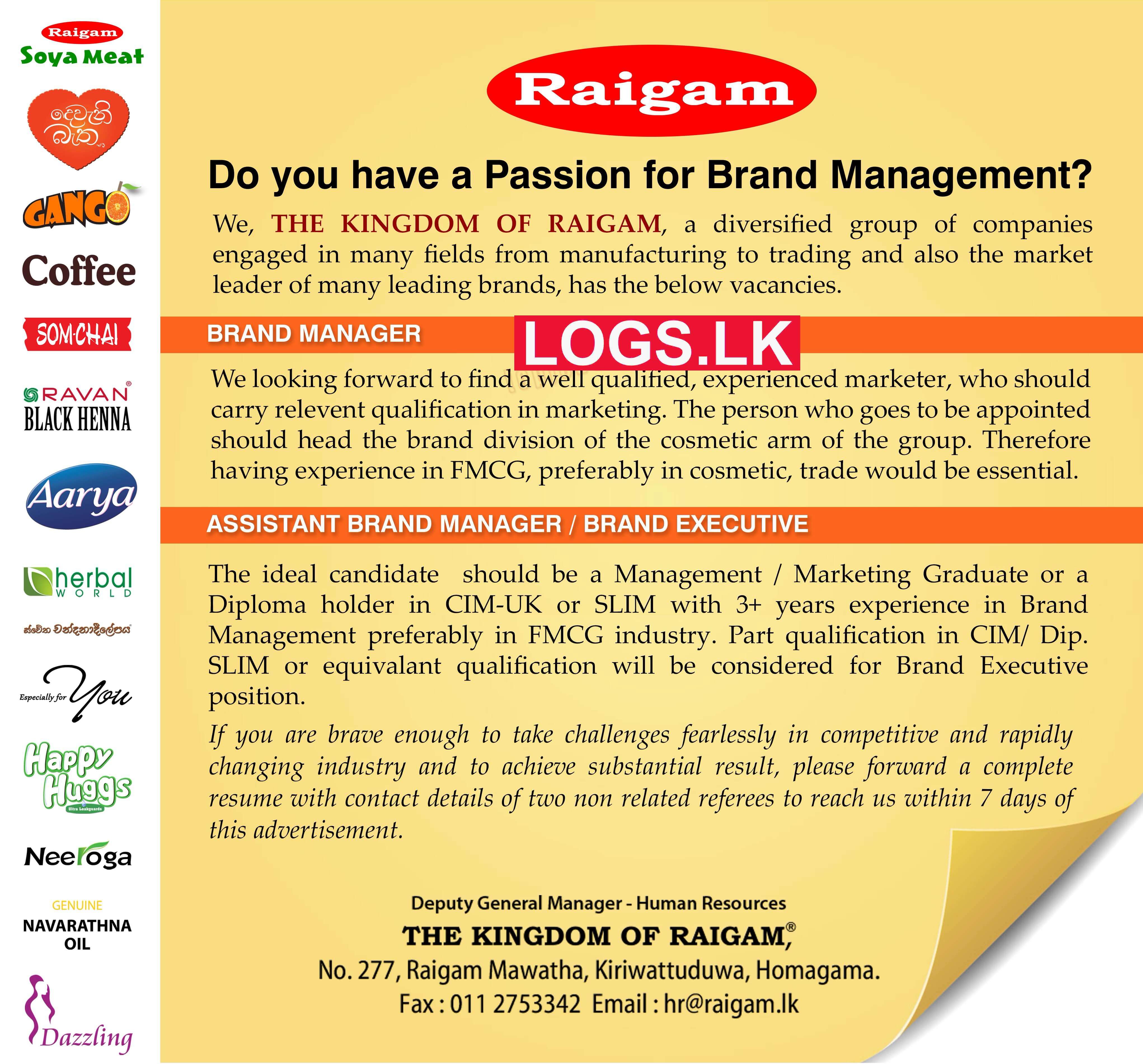 Brand Manager / Brand Executive - Raigam Marketing Services (Pvt) Ltd Job Vacancies in Sri Lanka