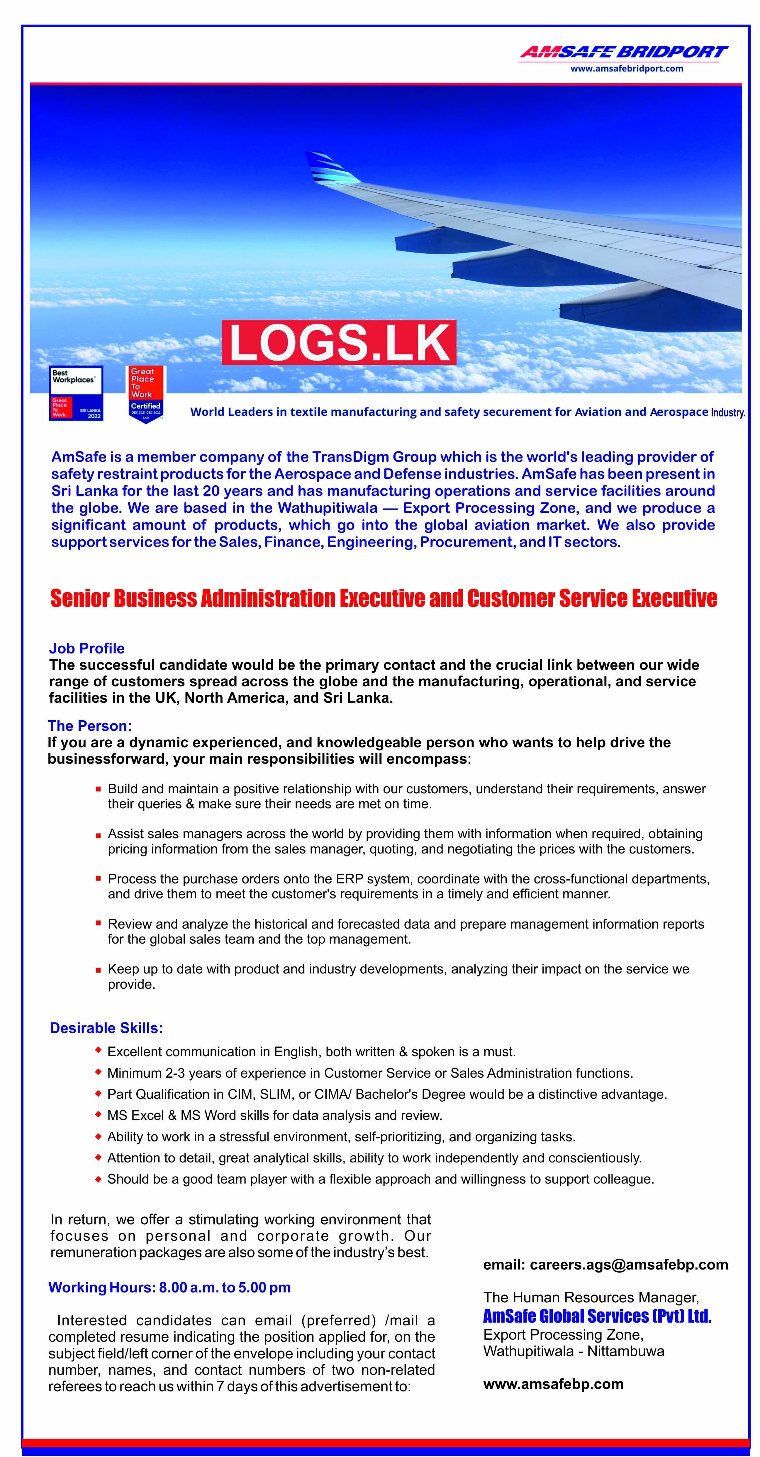 Executives Job Vacancies at AmSafe Global Services (Pvt) Ltd Job Vacancies in Sri Lanka