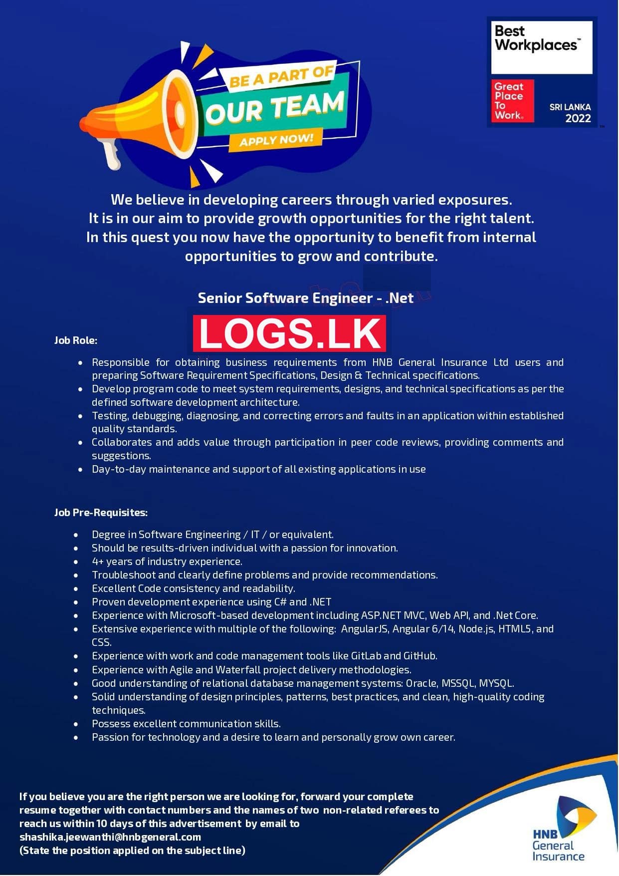 Senior Software Engineer (.Net) Job at HNB General Insurance Job Vacancies in Sri Lanka