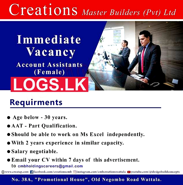 Accounts Assistant Job Vacancy at Creations Master Builders Job Vacancies