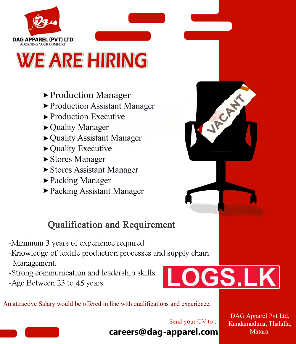 Apparel Job Vacancies at DAG Apparel (Pvt) Ltd Job Vacancies