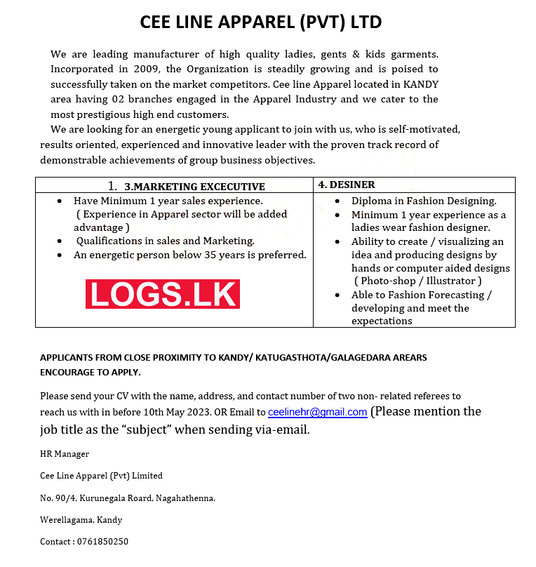 Designer Job Vacancy at Cee Line Apparel (Pvt) Ltd Job Vacancies in Sri Lanka