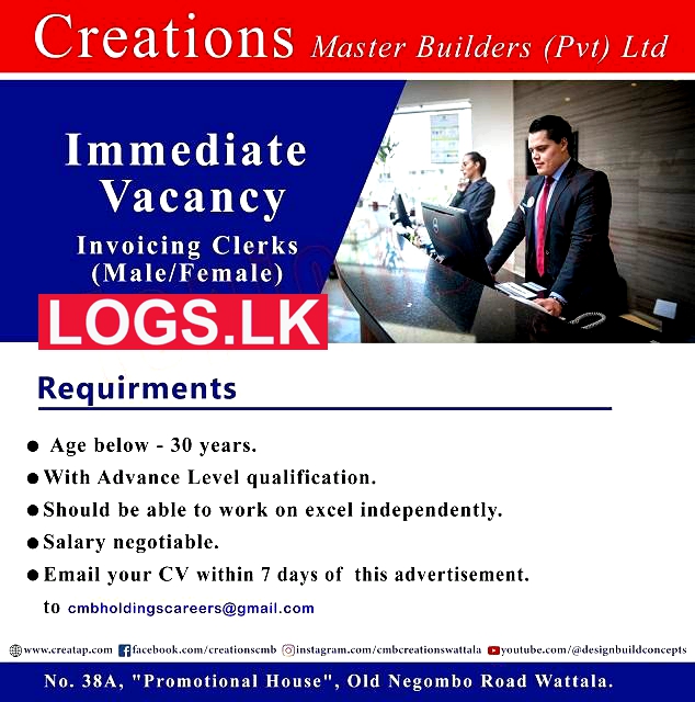 Invoicing Clerk Job Vacancy at Creations Master Builders Job Vacancies in Sri Lanka