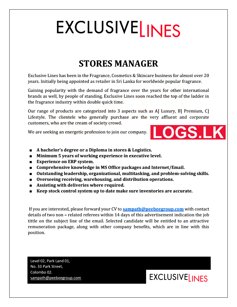 Store Manager Job Vacancy at Exclusive Lines Sri Lanka Job Vacancies