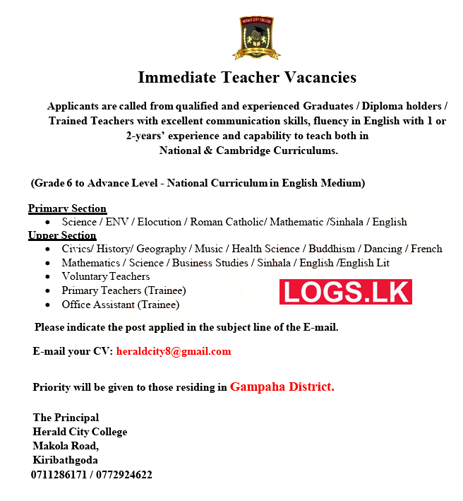 Teacher Job Vacancies at Herald City College Sri Lanka Job Vacancy