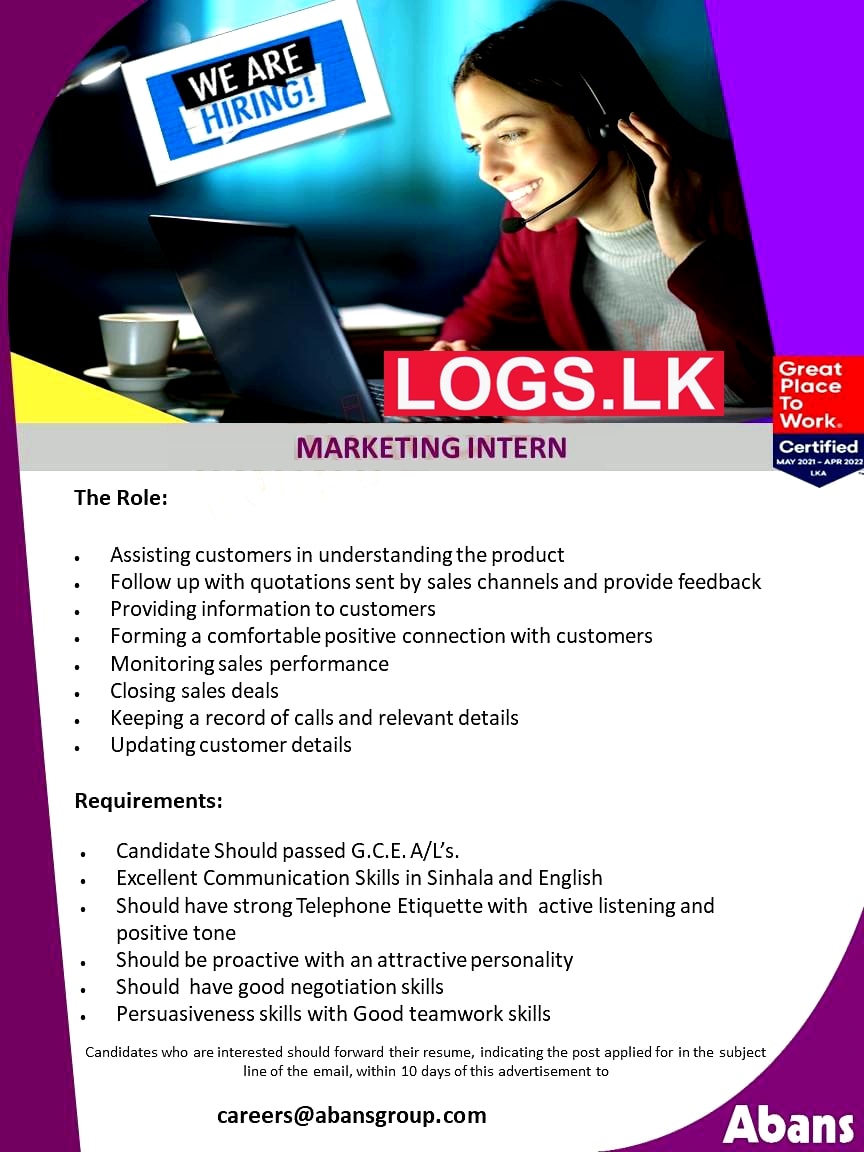Marketing Intern Job Vacancy at Abans Group Job Vacancies in Sri Lanka