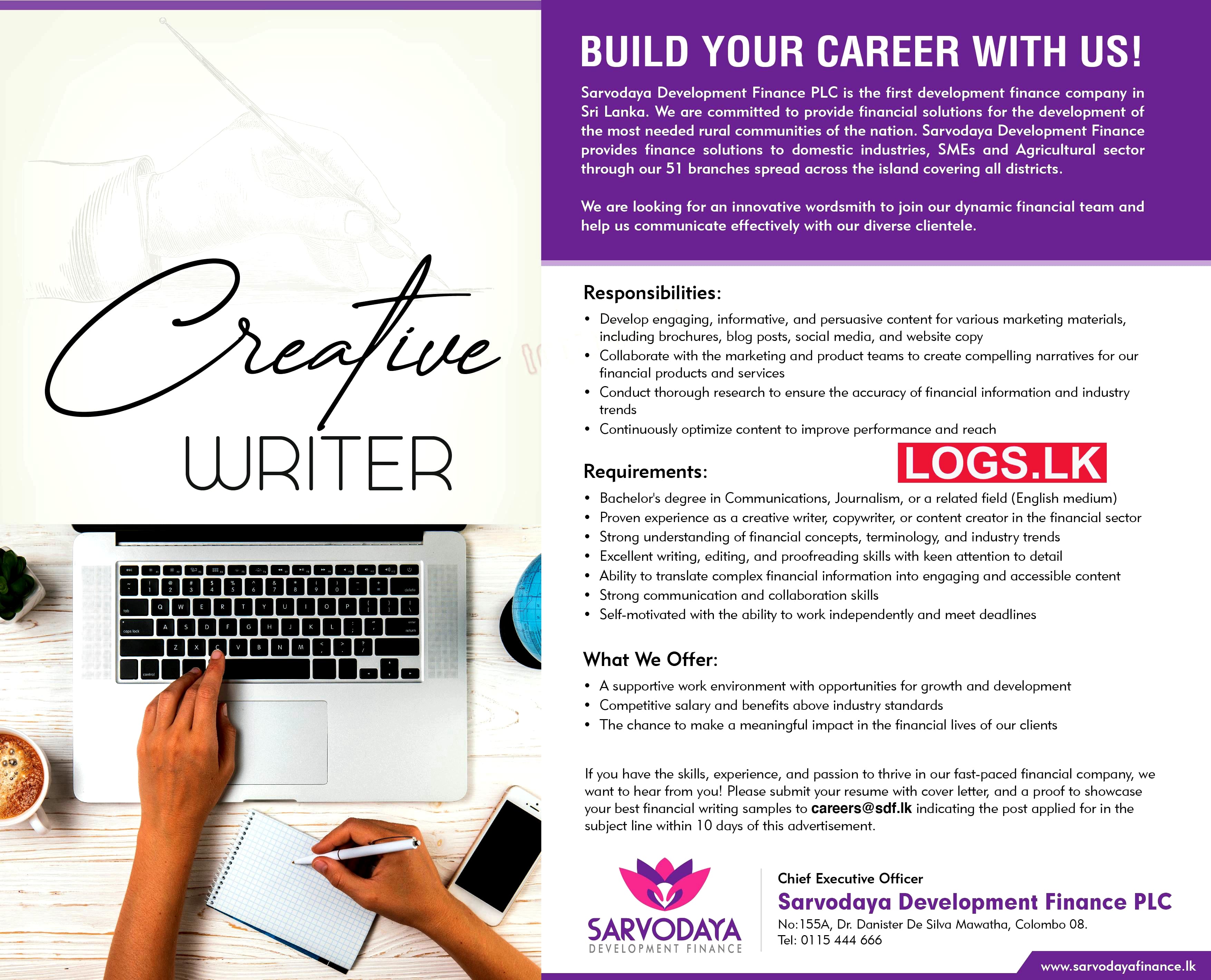 Creative Writer Job Vacancy at Sarvodaya Development Finance Job Vacancies