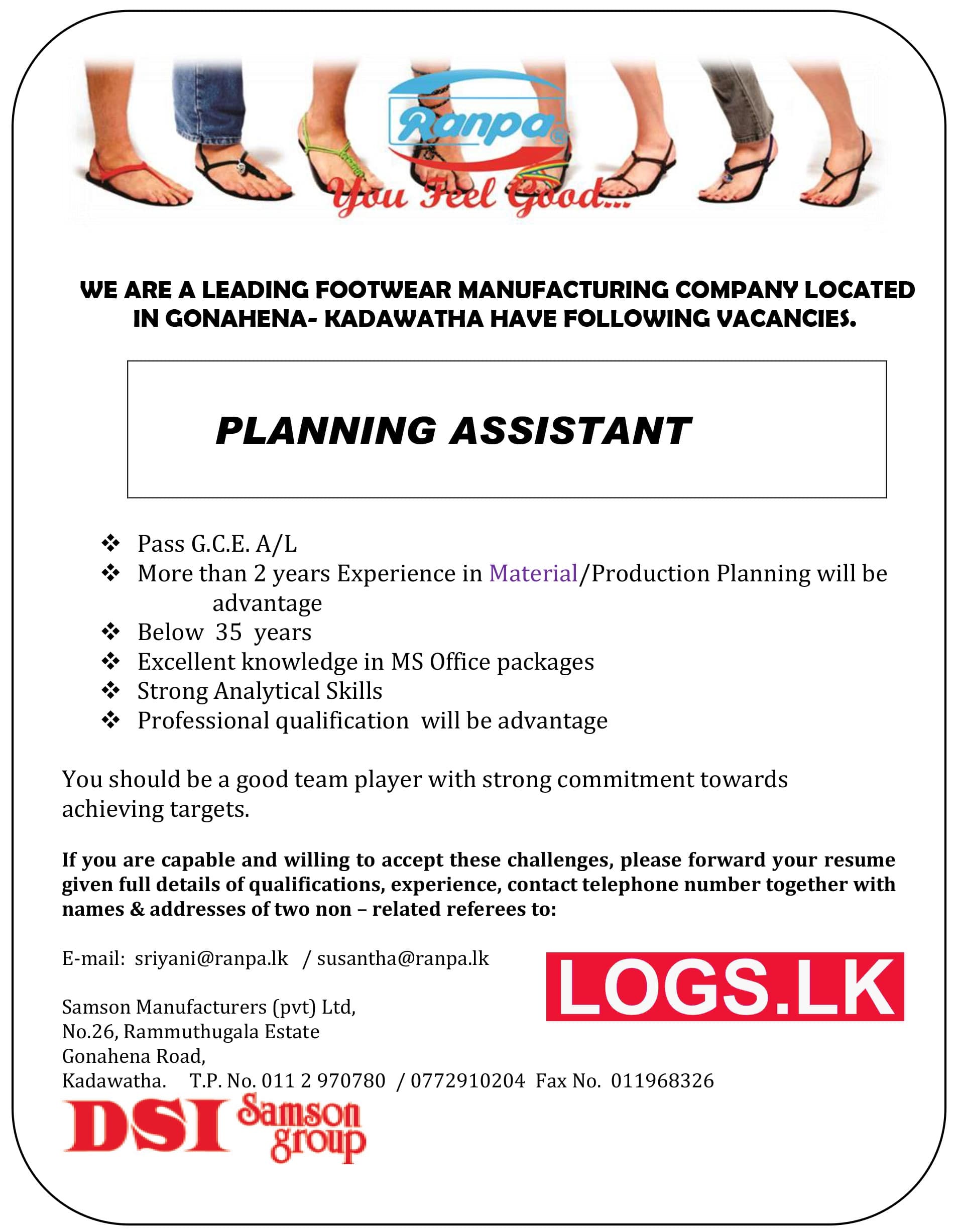 Planning Assistant Job Vacancy at Samson Manufactures (Pvt) Ltd Job Vacancies