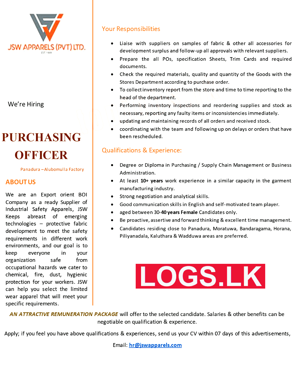 Purchasing Officer Job Vacancy at JSW Apparels (Pvt) Ltd Job Vacancies in Sri Lanka