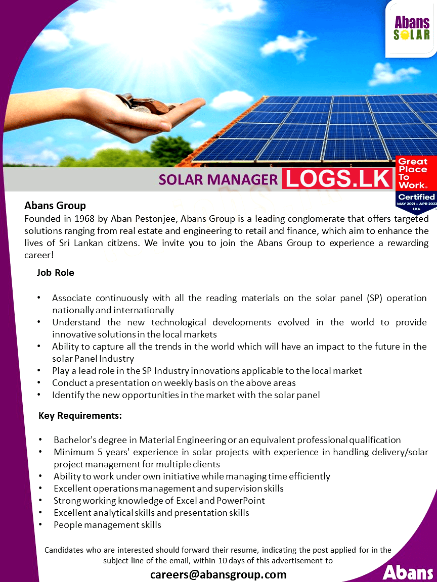 Solar Manager Job Vacancy at Abans Group Job Vacancies in Sri Lanka