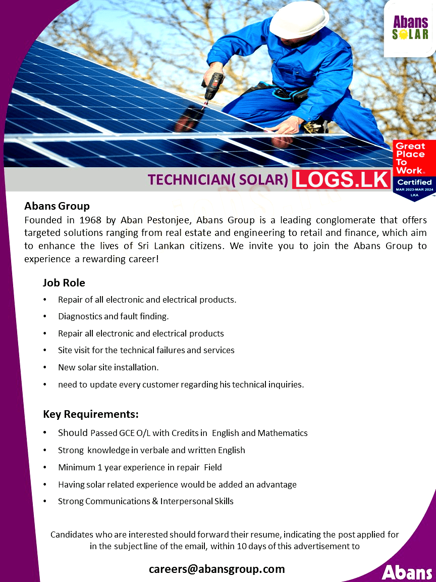 Solar Technician Job Vacancy at Abans Group Job Vacancies