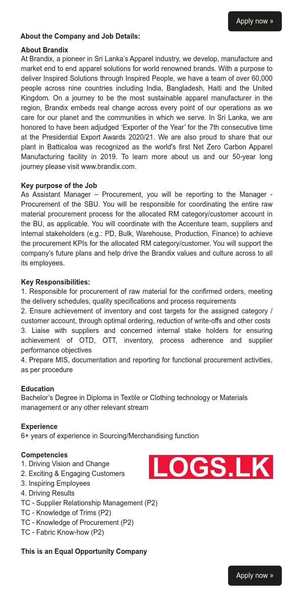 Assistant Manager (Procurement) Job Vacancy at Brandix Sri Lanka Job Vacancies
