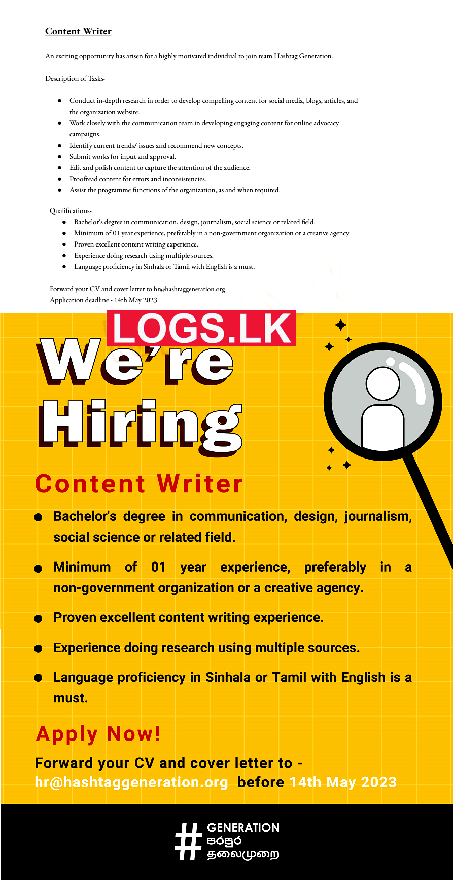 Content Writer Job Vacancy at Hashtag Generation Job Vacancies in Sri Lanka