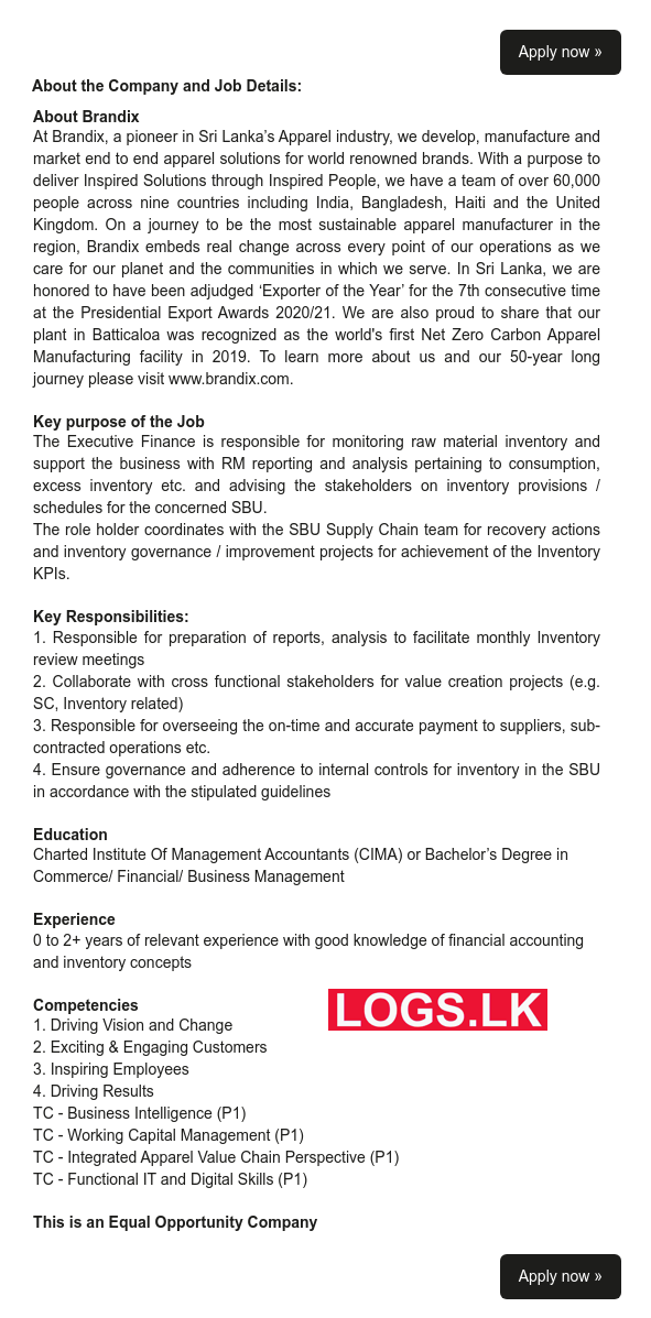 Finance Executive Job Vacancy at Brandix Sri Lanka Job Vacancies