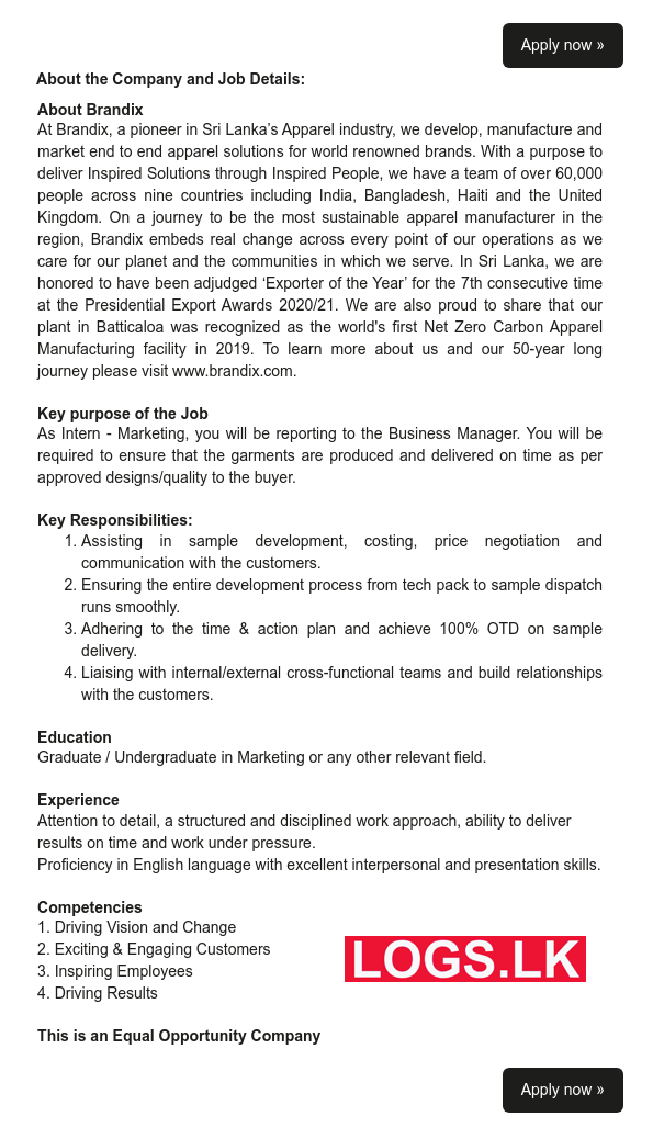 Marketing Intern Job Vacancy at Brandix Sri Lanka Job Vacancies in Sri Lanka