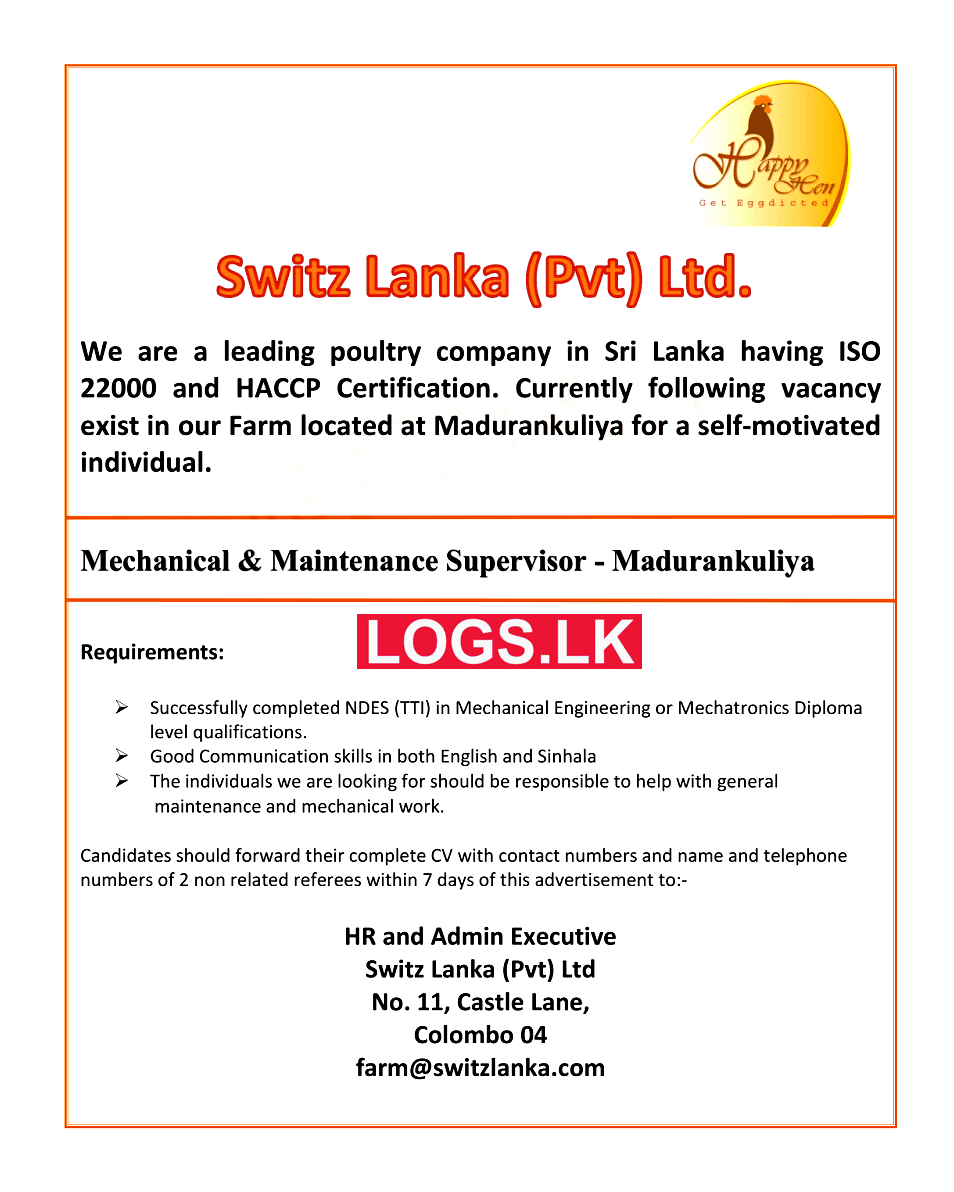 Supervisors Job Vacancies at Switz Lanka (Pvt) Ltd Job Vacancies