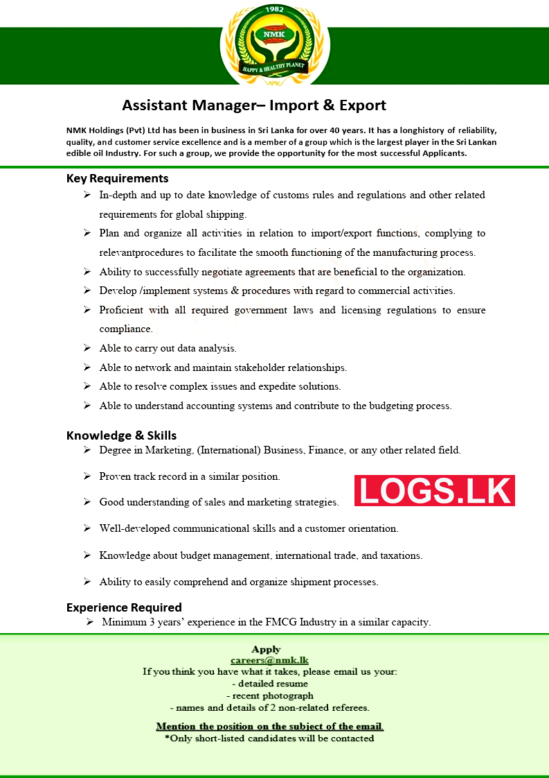 Assistant Manager (Import & Export) Job Vacancy at NMK Holdings Job Vacancies