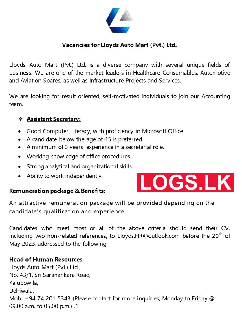 Assistant Secretary Job Vacancy at Lloyds Auto Mart (Pvt) Ltd Job Vacancies