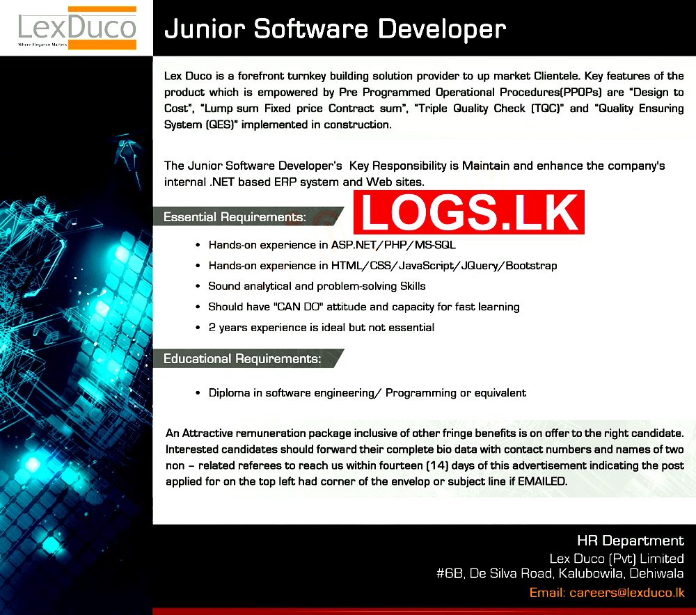 Junior Software Developer Job Vacancy at Lex Duco (Pvt) Ltd Job Vacancies
