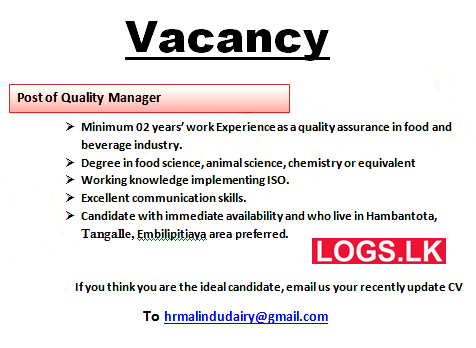 Quality Manager Job Vacancy at Malindu Dairy (Pvt) Ltd Company Job Vacancies